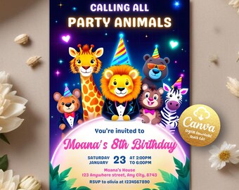 Calling All Party Animals Invitation, Party Animals Birthday Invitation, Animal-Themed Party, Party Animal Invites, Editable Canva Template