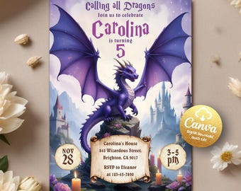 Dragon Birthday Invitation, Purple Dragon Invitation, Dragon Invitation, Dragon Birthday Party, Instant Download, Editable Canva Template