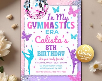 Invitación de cumpleaños editable de gimnasia, invitación de gimnasia, invitación de cumpleaños de Taylor, "En mi época de cumpleaños", plantilla editable de Canva de gimnasia