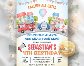 Emergency Vehicles Birthday Invitation, First Responders Birthday Invite, Fire truck Police Ambulance Invitation, Editable Canva Template