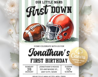 Football Birthday Invitation, First Year Down, Football Birthday, First Birthday Invite, Boy 1st Birthday, Game On, Editable Canva Template