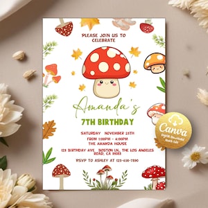 May include: A white invitation card with a cartoon mushroom illustration. The card is decorated with red, green, and brown accents. The text on the card reads "Please join us to celebrate Amanda's 7th Birthday. Saturday, November 25th from 1:00pm - 4:00pm. The Amanda House, 123 Birthday Ave Boston Ln., The Los Angeles Road, CA 91083. RSVP to Ashley at 123-456-7890."