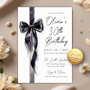 Black Bow Birthday Invitation Template, Black Bow Elegant 30th Birthday Invite, Watercolor Black Ribbon, Coquette Invite, Editable Canva