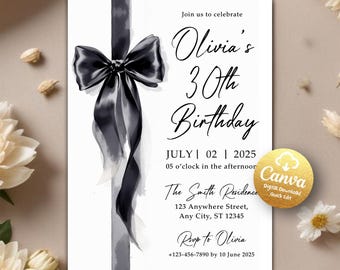 Black Bow Birthday Invitation Template, Black Bow Elegant 30th Birthday Invite, Watercolor Black Ribbon, Coquette Invite, Editable Canva