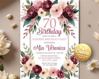 70th Birthday invitation for women, Floral Surprise Birthday Party Invite Digital Template, Any Age Birthday Invite, Editable Canva Template