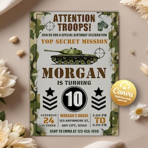 Army Birthday Invitation, Military Party Invitations, Soldier Birthday Invitation, Military Invite, Army Invitation, Editable Canva Template