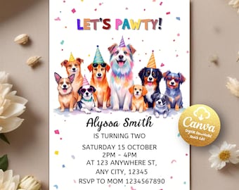 Editable Dog Birthday Invitation, Let's Pawty Invitation, Puppy Pawty Invite, Dog Invitation, Animal Birthday, Editable Canva Template