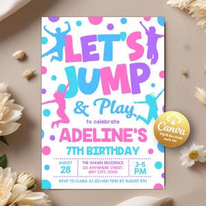 Zaproszenie na skok, Wydrukowane zaproszenie na urodziny do skoku, Dziewczęca impreza trampolinowa, Dziecięca impreza z dmuchanym domkiem, Let's Jump Party, Edytowalny szablon Canva