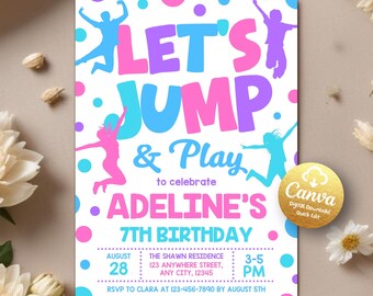 Invitación de salto, invitación de cumpleaños imprimible, fiesta de trampolín para niñas, fiesta de castillo inflable para niños, fiesta de saltos, plantilla editable de Canva