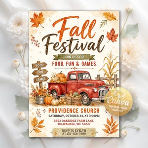 May include: A Fall Festival event flyer featuring a red vintage pickup truck, pumpkins, and autumn leaves. Text includes Fall Festival, Join Us For Food, Fun & Games, Providence Church, Saturday, October 24, at 3:00PM, 2693 Oakridge Farm Lane, Milwaukee, WC 53228.