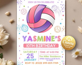 Editable Volleyball Birthday Invitation, Volleyball Party Invite, Girl's Volleyball Party, Volleyball Game Party, Editable Canva Template
