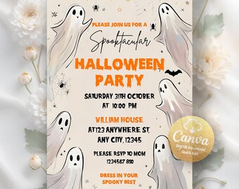 May include: A Halloween party invitation with a beige background, featuring cartoon ghosts, spiders, and stars. The text reads "Spooktacular Halloween Party" with event details. A Canva logo is in the bottom right corner.