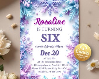 Winter Birthday Invitation, Purple Blue Pastel Snowflake Pastel Girl Snow Digital Invite, Winter Wonderland Invite, Editable Canva Template