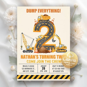 Construction Birthday Invitation, Dump Truck Birthday Invite, 2nd Birthday Construction Invitation Digital Download, Editable Canva Template