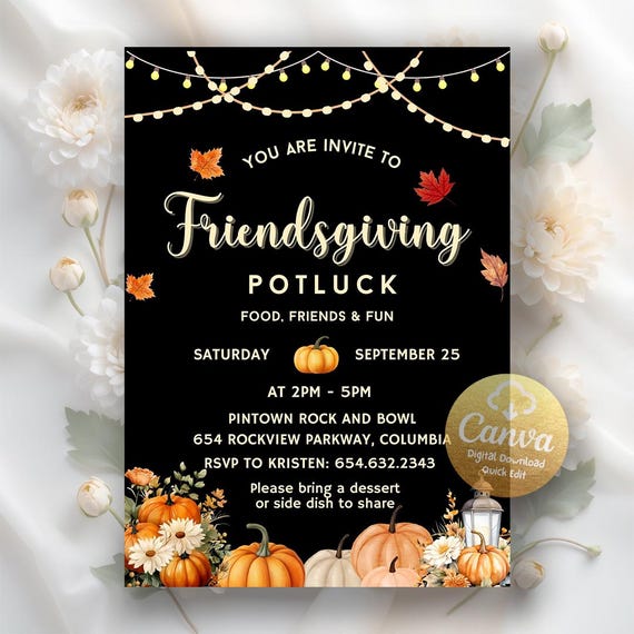 Friendsgiving Dinner Invitation, Thanksgiving Party Invite, Friendsgiving Potluck Invite, Friendsgiving Party Invite,Editable Canva Template