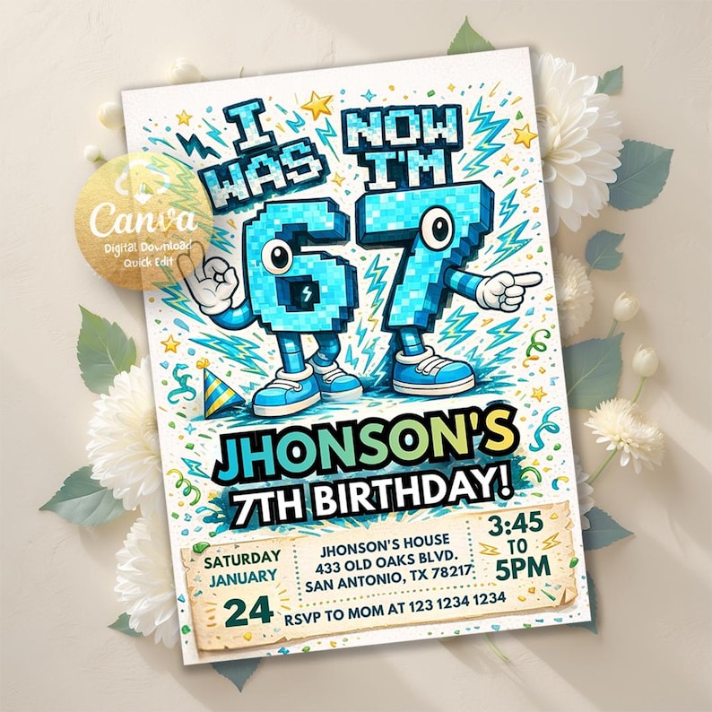 Six Seven Meme Birthday Invitation, 7th birthday invite boy, I Was 6 Now I’m 7 birthday invite, Retro gaming style invitation, pixel meme
Birthday Invitation,party invitation,for boys,Bruh birthday,6-7 Birthday Invite,Six Seven Meme,7th birthday,Printable,editable,pixel meme art,Retro gaming style,I Was Now I m 67,Italian brainrot
retro gaming style,bruh birthday,italian brainrot,6-7 birthday invite,7th birthday,birthday invitation,editable,bruh you in invite,bruh birthday invite,6-7 meme invite