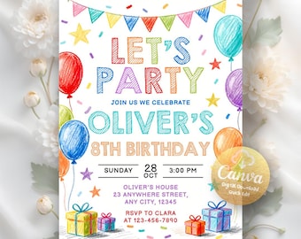 Simple Colorful Birthday Invite, Bright and Ceerful Party, Colorful Invitation, Fun Birthday Party Digital Download, Editable Canva Template