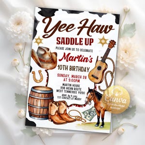 Cowboy Birthday Invitation, Editable Country Western Invitation, Rustic Wood, Cowboy Hat and Lasso Printable Digital Editable Canva Template