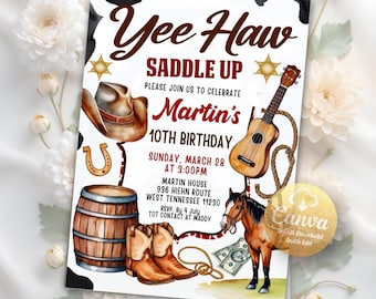 Cowboy Birthday Invitation, Editable Country Western Invitation, Rustic Wood, Cowboy Hat and Lasso Printable Digital Editable Canva Template