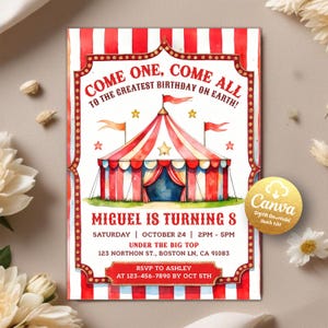 May include: A colorful circus-themed birthday invitation with a red and white striped tent design. The invitation includes the text "Come One, Come All" and details for Miguel's 8th birthday, including date, time, and location.
