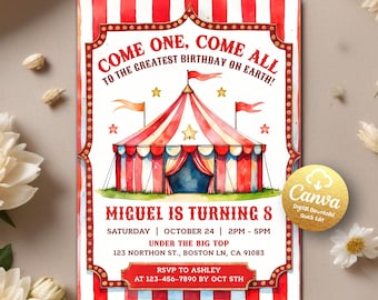 Verjaardagsuitnodiging carnaval, carnavalsuitnodiging, circusuitnodigingen, pretpark uitnodigen, carnaval afdrukbare uitnodiging bewerkbare canvassjabloon