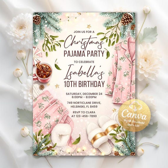 Christmas Pajama Party Invitation, Holiday Party Invite, Girls Pajamas Birthday, Digital Download, Editable Canva Template