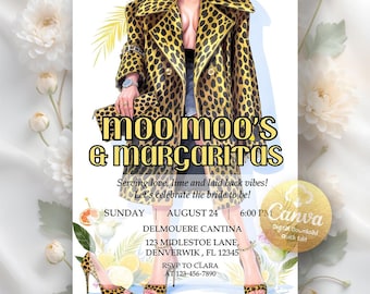 Moo Moos and Margaritas Invitation, Ladies Night Glam Party Bachelorette Invite, Leopard Pajama Girls Day Invite, Editable Canva Template
