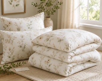 Botanical Sprig Pattern Cotton Bed Set | Floral Duvet Cover & Pillowcases