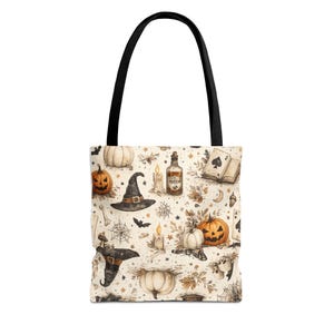 Bolso de mano con estampado vintage de Halloween / Calabaza, sombrero de bruja, gato, libro de hechizos