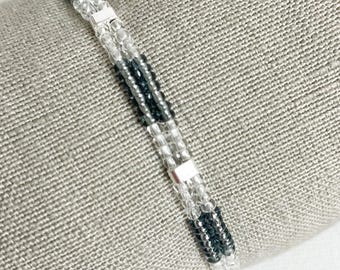 Grey Seed Bead Bracelet: Silver Tila Beads, Double Strand, Boho Style