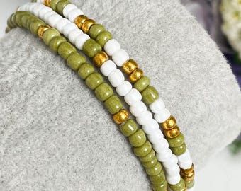 Beaded Bracelet set of 3. Olive green, gold and white combination. Elasticated boho style Unique, pretty, Stretch bracelet. Stackable. Boho