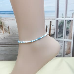 Beaded Anklet, elasticated boho ankle bracelet, minimalist blue and white anklet