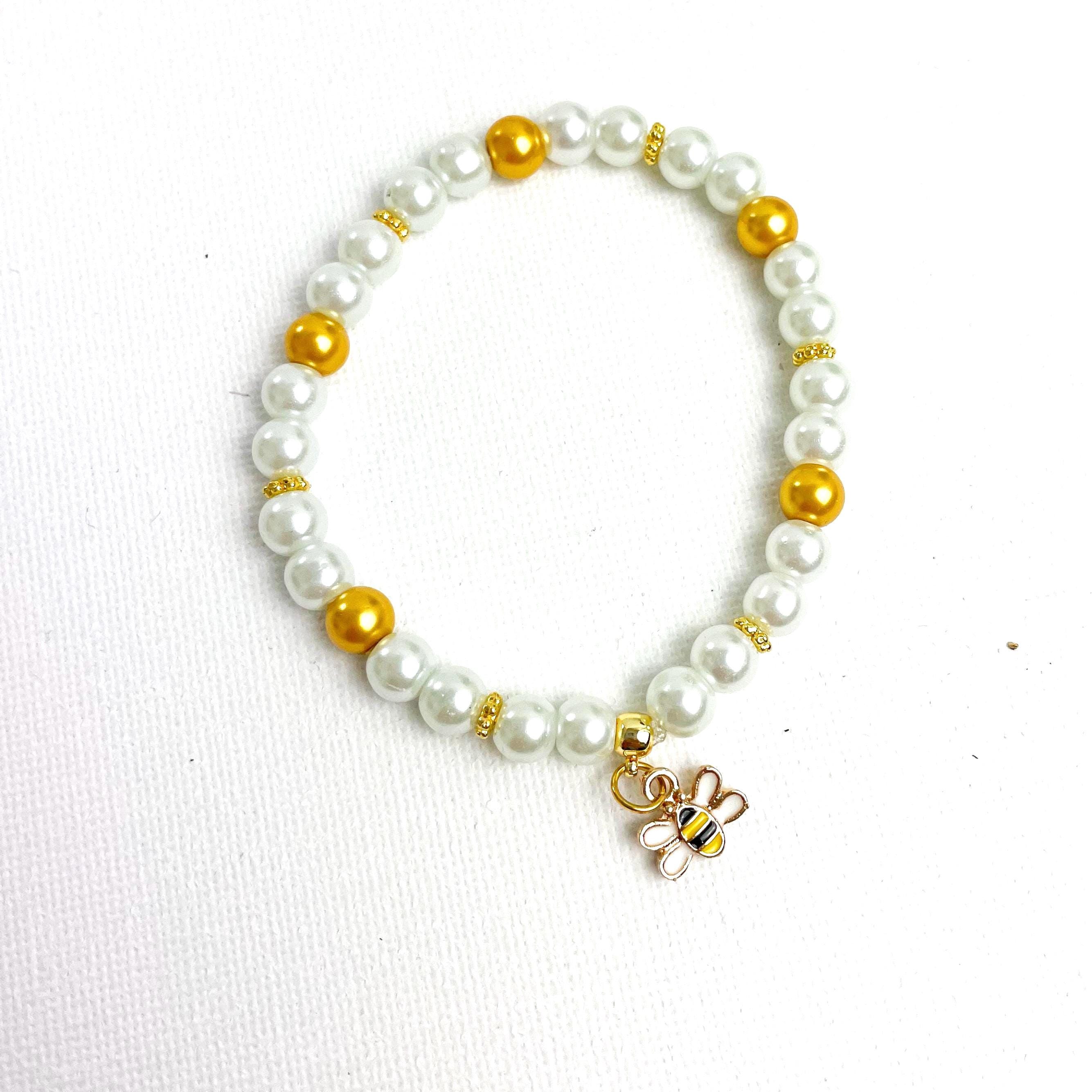 Beaded Bracelet With Bee Charm. 6mm Pearl Bead Bracelet