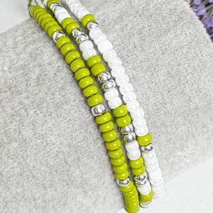 Olive Bracelet set of 3. Bright Olive green, silver and white combination. Elasticated beaded boho style Stretch bracelet. Stackable.