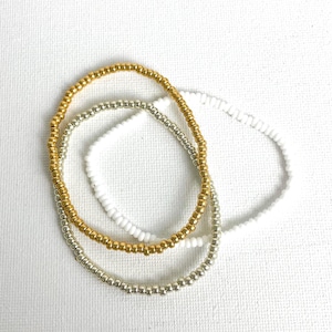 Boho Beaded Bracelet Set: Gold, Silver & White Stretch Bracelets