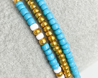 Turquoise & Gold Seed Bead Bracelet Set: Boho Stacking Jewelry