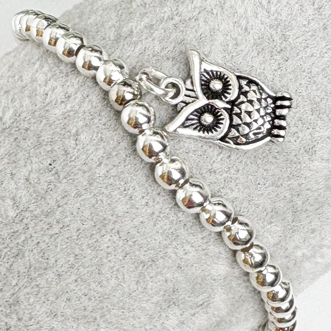 Owl bracelet, Silver beaded Owl Charm Bracelet, Elasticated stackable bracelet, dainty handmade gift