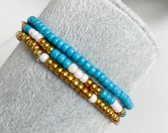 Boho Turquoise Seed Bead Bracelet Set: Gold & White, Stackable Stretch Bracelets