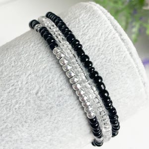 Black & Silver Seed Bead Bracelet Set: Boho Stackable Stretch Bracelets