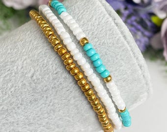 Boho Seed Bead Bracelet Set: Turquoise, White & Gold Stackable Bracelets