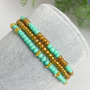 Boho Bracelet Set: Turquoise & Gold Seed Bead Stackable Stretch Bracelets