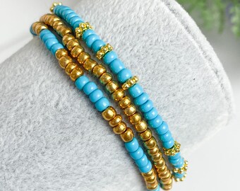 Turquoise & Gold Seed Bead Bracelet Set: Boho Stackable Stretch Bracelets