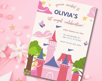 Editable First Birthday Princess Theme Invitation, Baby's 1st Party Castle Pastel Pink and Cute, Easy Printable Customizable Canva Template