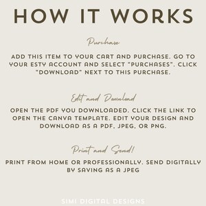 May include: A beige background with brown text explaining how to purchase, edit, and print a digital design. The text reads "HOW IT WORKS", "Purchase", "Add this item to your cart and purchase. Go to your Etsy account and select "Purchases". Click "Download" next to this purchase.", "Edit and Download", "Open the PDF you downloaded. Click the link to open the Canva template. Edit your design and download as a PDF, JPEG, or PNG.", "Print and Send!", "Print from home or professionally. Send digitally by saving as a JPEG", and "SIMI DIGITAL DESIGNS".