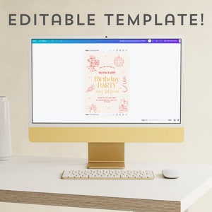 May include: Editable template for a 21st birthday party invitation. The invitation features a gold and pink color scheme with illustrations of champagne glasses, a disco ball, and confetti. The text reads "You are invited to Olivia's 21st Birthday Party, Feb 24 | 10 PM".