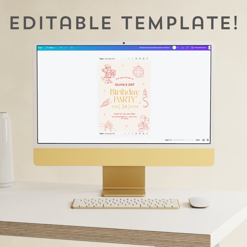 May include: Editable template for a 21st birthday party invitation. The invitation features a gold and pink color scheme with illustrations of champagne glasses, a disco ball, and confetti. The text reads "You are invited to Olivia's 21st Birthday Party, Feb 24 | 10 PM".