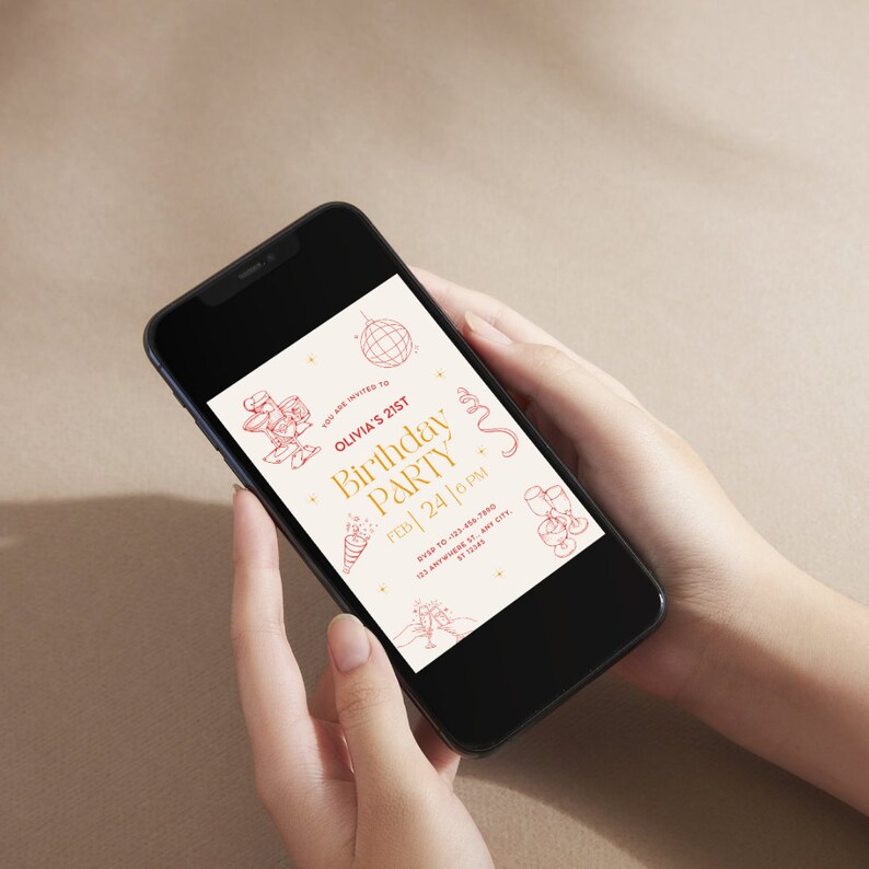 May include: A smartphone displaying a birthday party invitation for Olivia's 21st birthday party. The invitation features a gold and red color scheme with illustrations of party hats, confetti, and champagne glasses. The text reads "Olivia's 21st Birthday Party, Feb 24 | 6 PM".