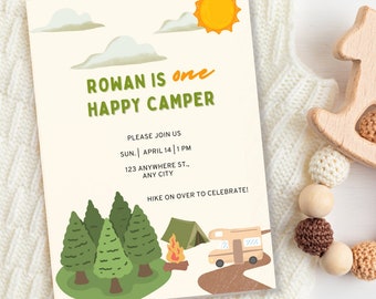 First Birthday Invitation Template,  One Happy Camper Celebration, Editable National Park Nature Theme, Easy Printable Unique Template