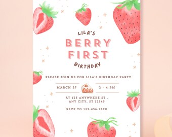 Editable First Birthday Berry Theme Invitation, Baby's 1st Party Pink and Cute , Easy Printable Customizable Canva Template