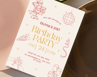21st Birthday Invitation Template, Retro Disco, 21st 30th 40th 50th Celebration, Editable Cocktail Party Decor, Printable Unique Template